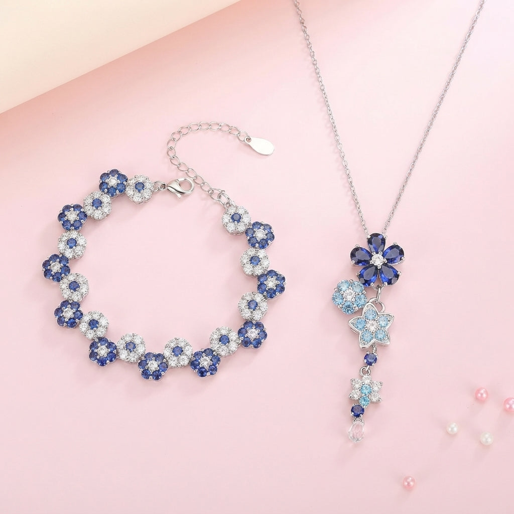 Forget-Me-Not Zircon Floral Set (Bracelet & Necklace)